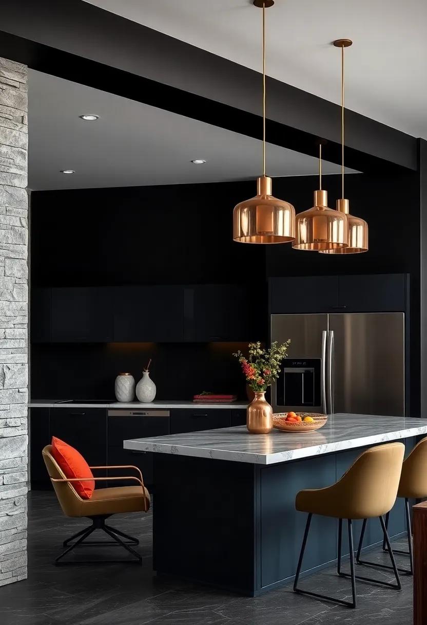 Hang metallic ⁤pendant ⁤lights ​over your kitchen island ⁤to add sophistication while‍ breaking up⁣ the‌ dark palette