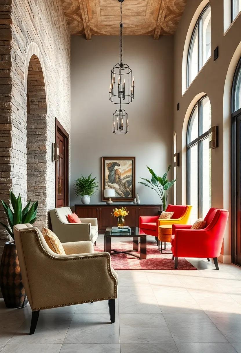 Colorful Accent Chairs: Introduce vibrant, upholstered accent chairs that invite comfort and add a splash of color to your entryway decor