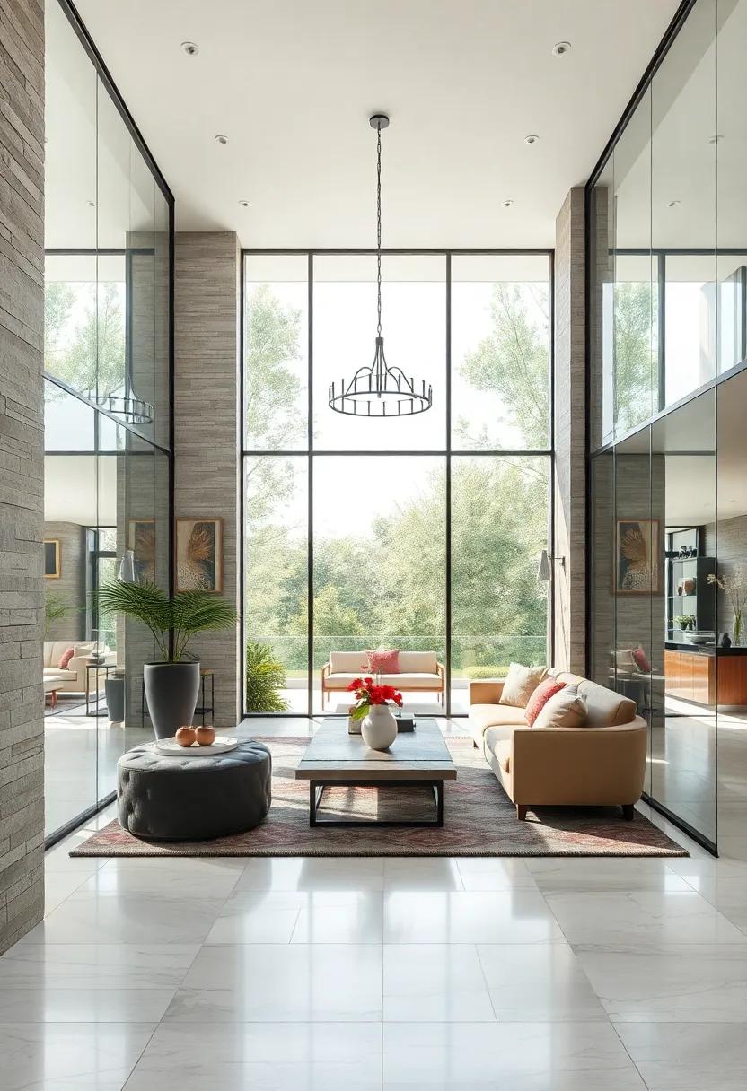 Glass Panel Walls: Use glass partition walls to maintain an open feel while defining the entry space, allowing natural light to flow throughout