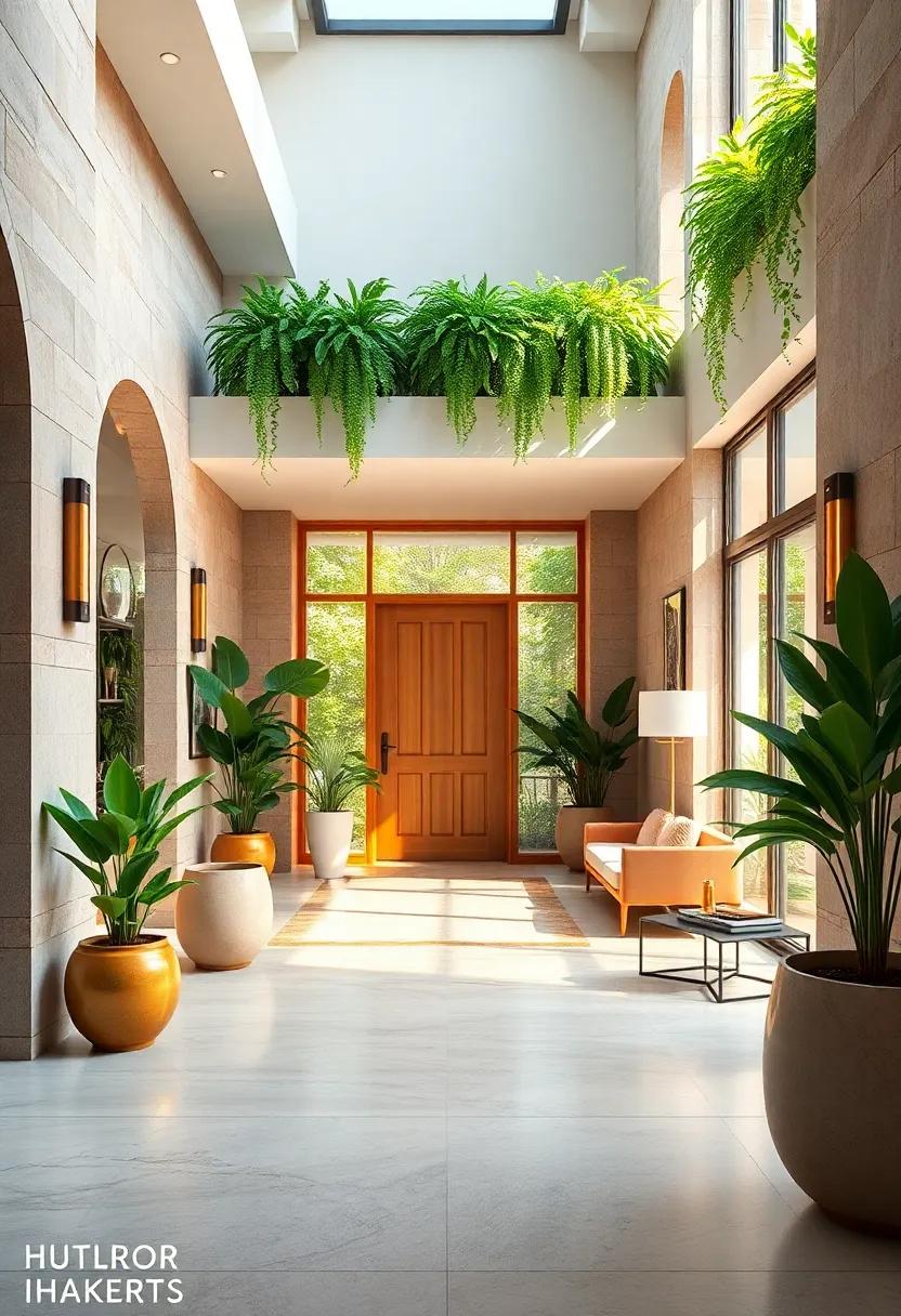 Indoor greenery: Integrate large potted plants or a vertical garden to bring nature indoors, adding vibrancy and freshness to your entryway