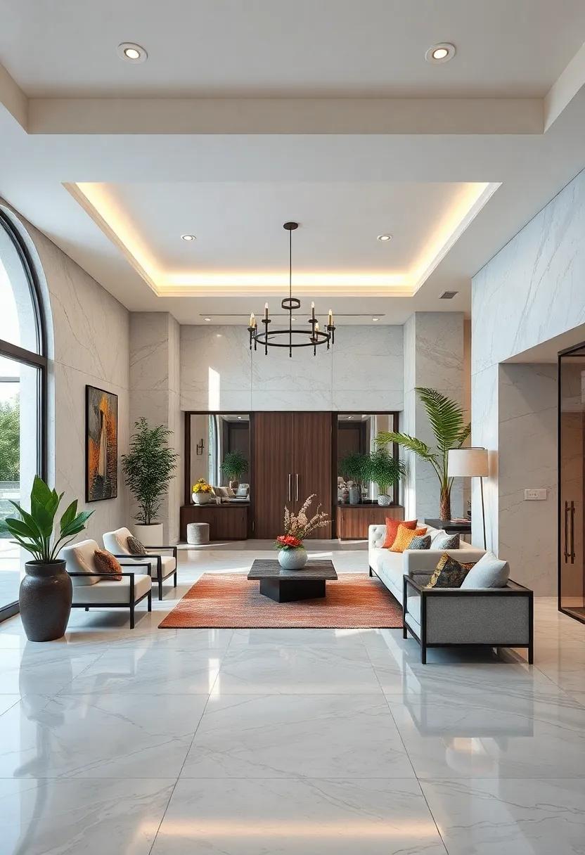 Marble flooring: Opt for luxurious marble tiles that not only enhance the beauty of your entryway but also offer durability and easy maintenance