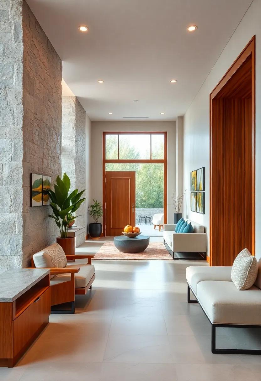 Warm Wood Accents: Use rich wood finishes for doors, flooring, or furniture to bring warmth and a sense of grounded luxury to your entryway