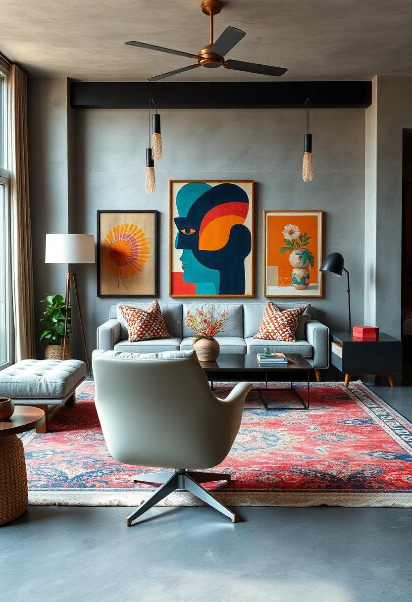 Appreciate the⁢ art‌ of layering in a ⁣vibrant mid-century modern living‍ room where an Eames chair is paired with bold rugs ⁢and eclectic art pieces, creating ⁢depth and intrigue