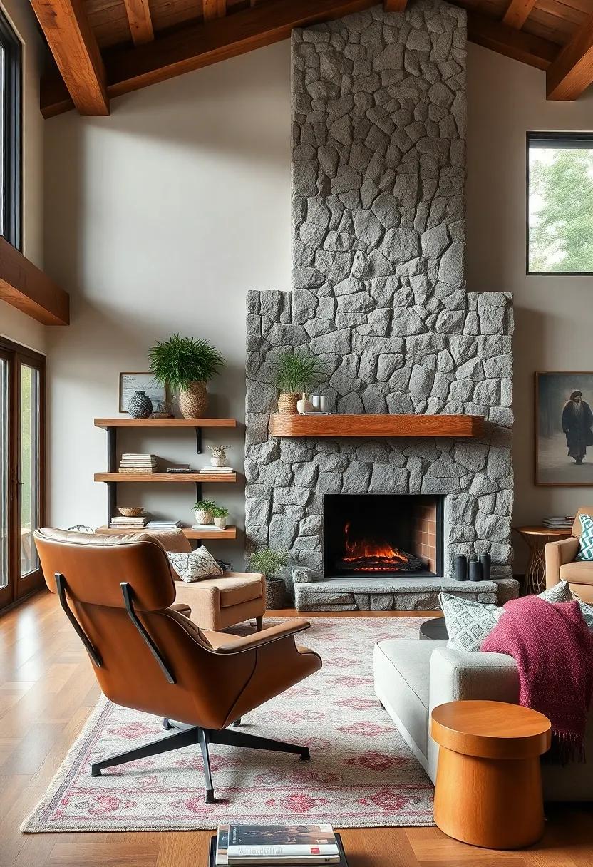 Revel in the warmth of ‍a​ rustic mid-century modern living space, where⁣ an Eames chair sits​ comfortably beside a‌ grand stone fireplace, exuding both comfort ⁢and style