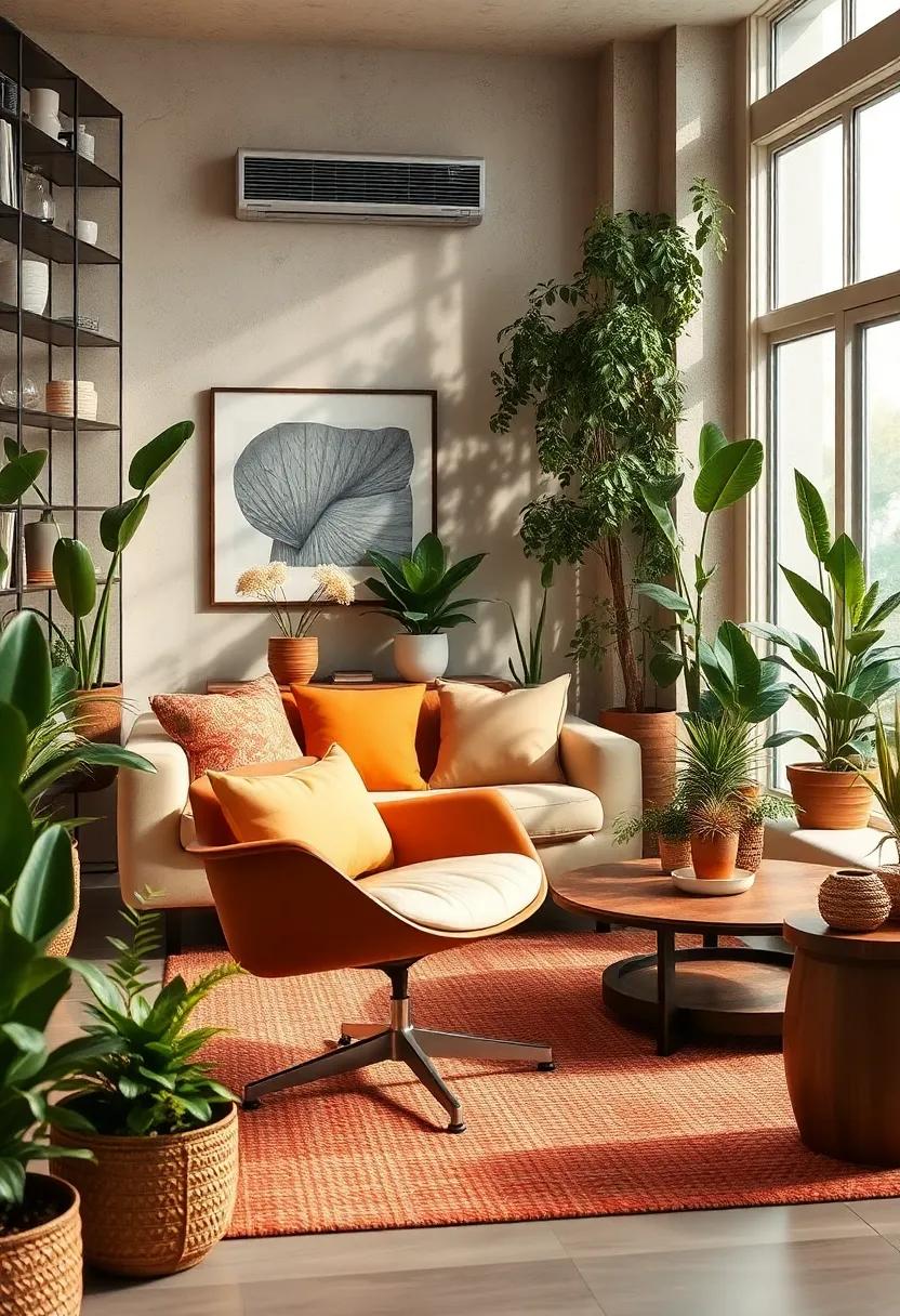 Discover the charm of⁤ a cozy lounge​ area complete with a vintage Eames chair, complemented by‌ earthy⁣ tones and an abundance⁣ of indoor plants, creating ⁤a serene oasis