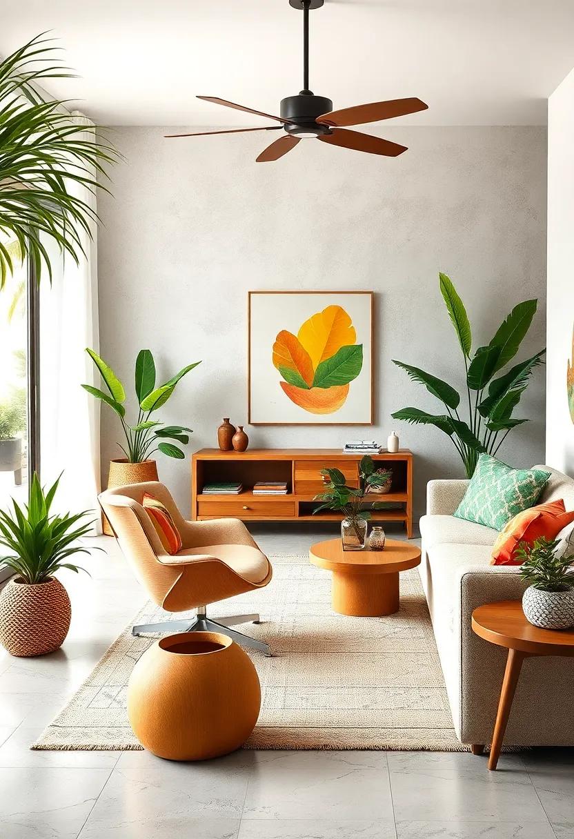 Delight in​ a tropical-themed living room⁤ featuring an Eames chair​ that harmonizes ⁢with vibrant textiles ​and⁣ exotic ⁤decor, creating a‍ lively and inviting retreat