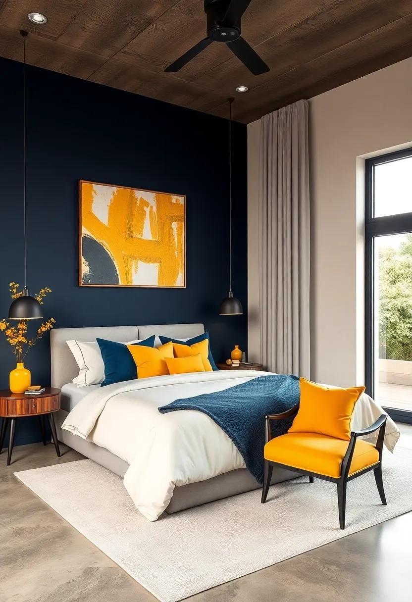 Deep Navy and Mustard Yellow: A bold combination that adds sophistication and warmth, striking a balance ​between dark and light tones