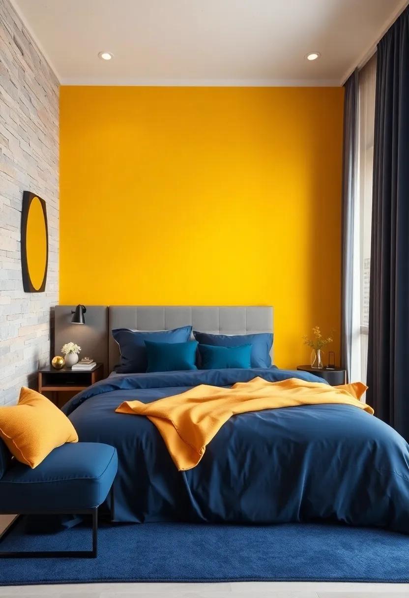 Honey Yellow and Deep navy: A classic and cheerful pairing that is striking yet balanced, bringing an energetic vibe to your bedroom