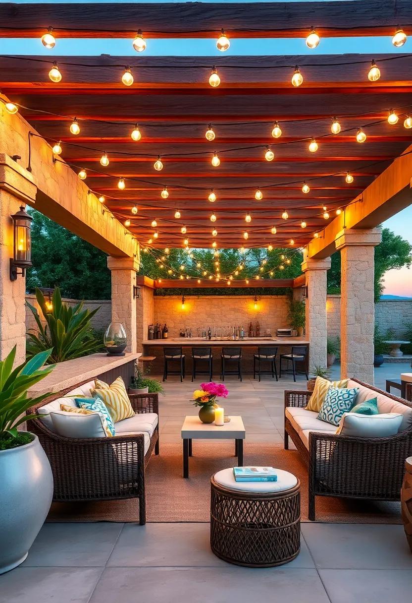 Mediterranean ​Escape: Transport​ yourself to a seaside paradise with this patio’s string-light adorned pergolas,‌ where Mediterranean-inspired cocktails and sunset‌ views await