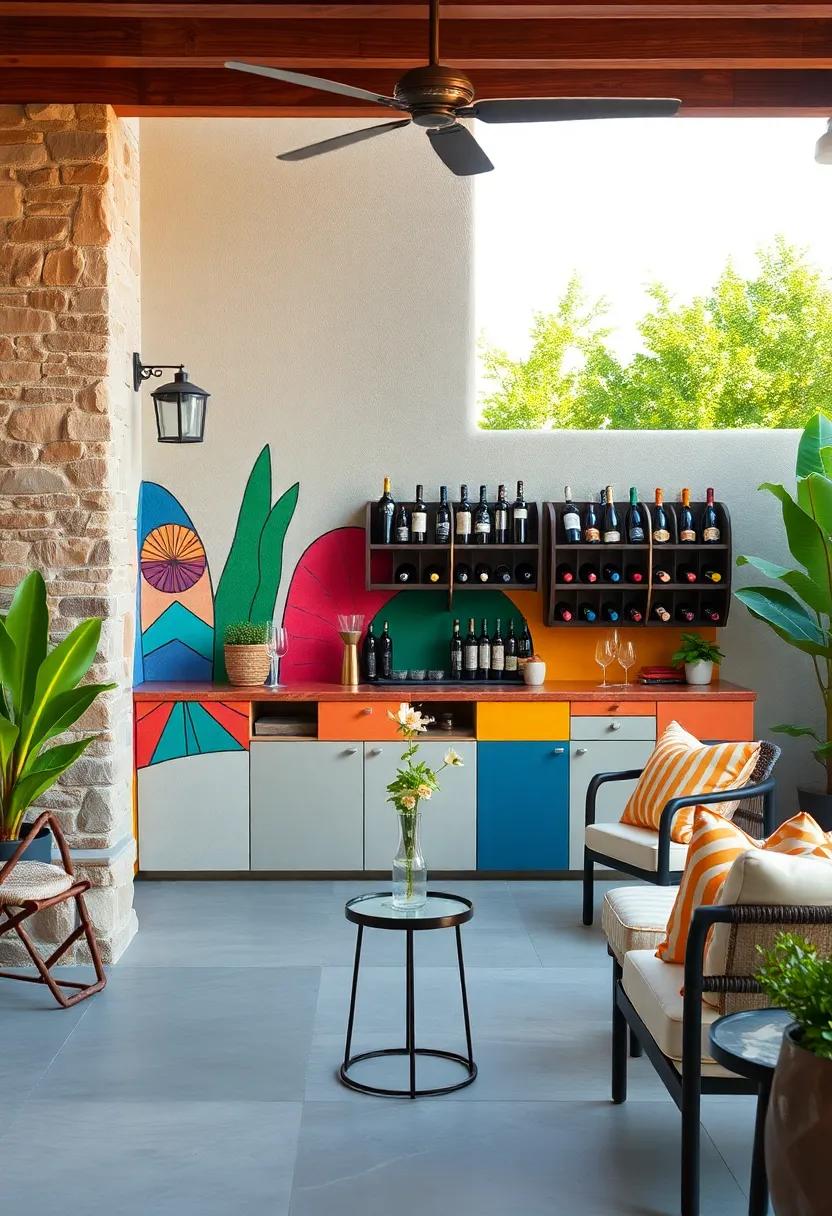 Artistic Flair: A colorful, mural-painted patio⁣ bar pairs beautifully with a funky wine rack, combining art⁤ and functionality‍ for⁤ a truly unique ⁤escape
