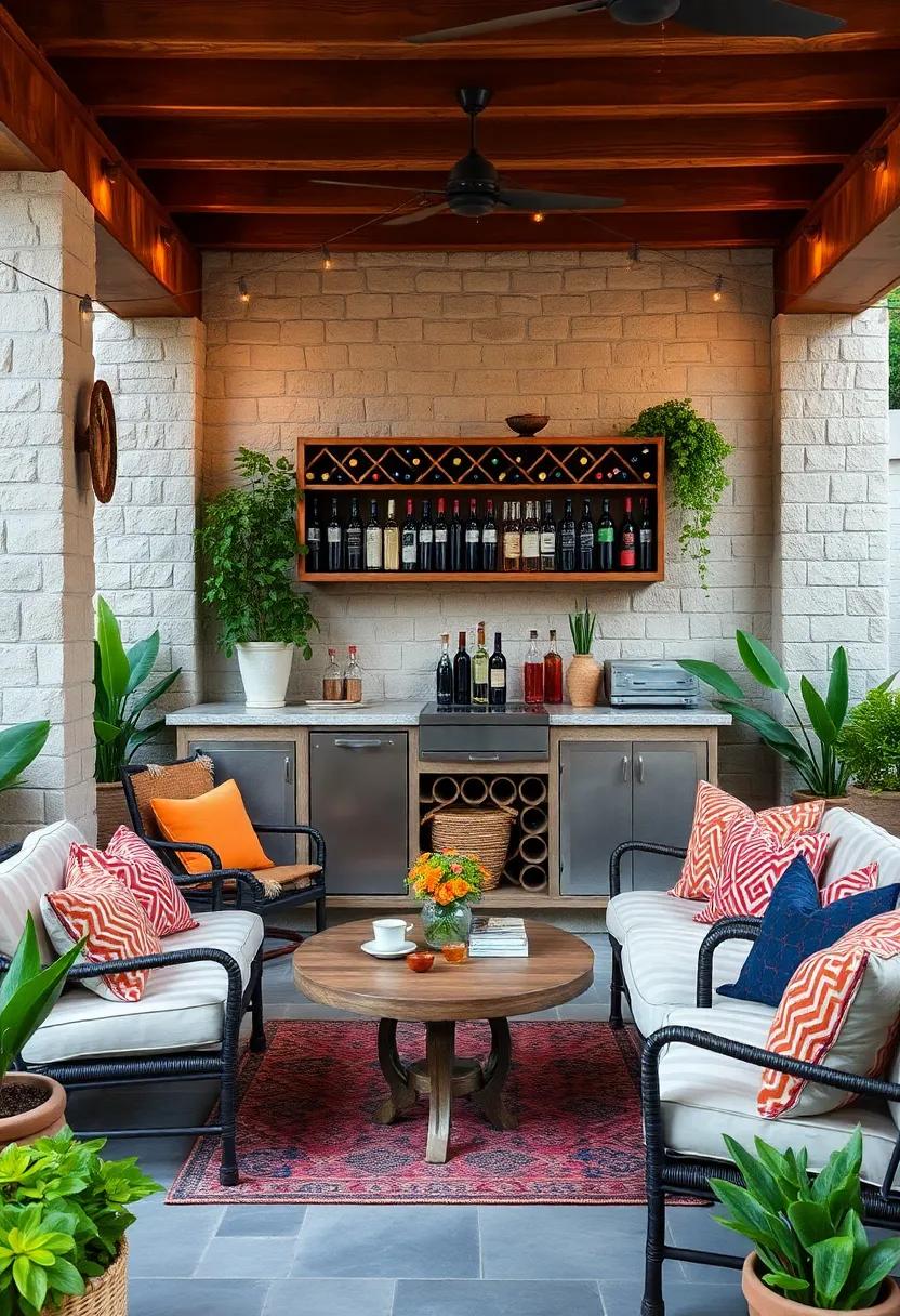 Bohemian Bliss: A vibrant patio bar adorned with⁤ eclectic accessories pairs⁣ beautifully with a handmade wine rack,⁢ ideal for⁣ free-spirited gatherings filled ‍with ‍laughter