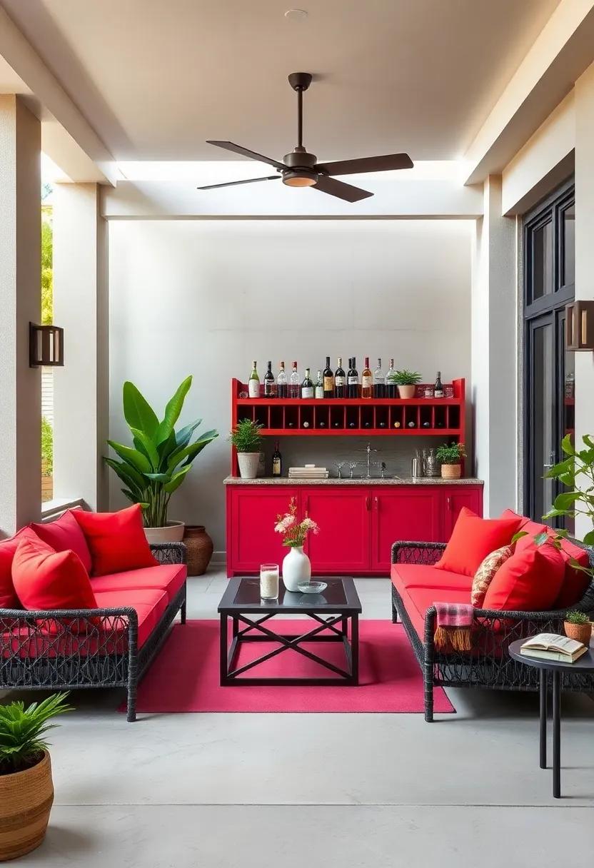 Bold Beauty: A striking colored patio bar, with a⁤ geometric wine rack design, makes a stunning statement piece, turning heads ‌in⁢ any outdoor‍ setting