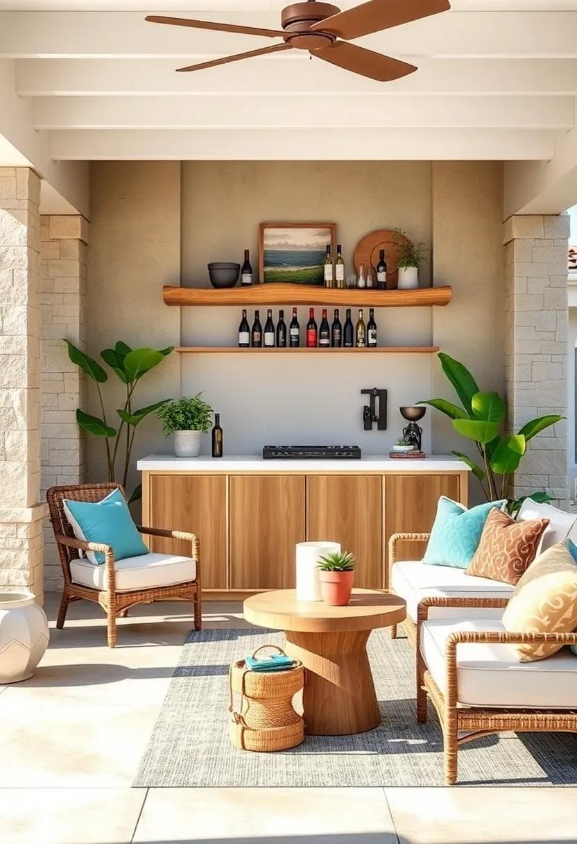Coastal retreat: ‍Embrace beach vibes with a nautical-themed‌ patio bar ‍that boasts a driftwood-inspired wine rack ⁣and ocean​ hues, perfect‍ for summer ⁢soirées