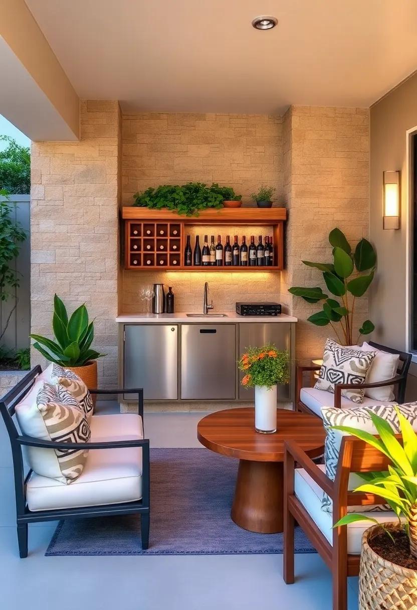 Cozy Nook:‌ Designed for intimate gatherings, this quaint patio bar includes a charming‍ wine rack that holds a curated selection, perfect ⁣for ⁣romantic evenings