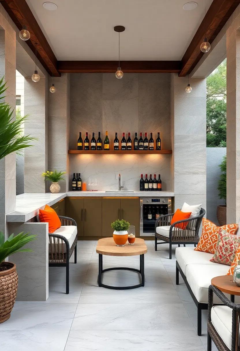 Elegant Enclave: A sophisticated outdoor bar constructed with marble⁢ surfaces and a ​polished wine rack, ideal for upscale​ gatherings and intimate dinners al fresco