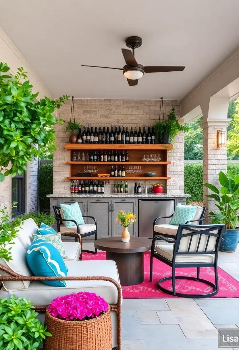 farmhouse Fantasy: A classic farmhouse-style patio ⁣bar includes⁣ a rustic wine rack crafted from reclaimed wood, providing charm ​and functionality for entertaining guests