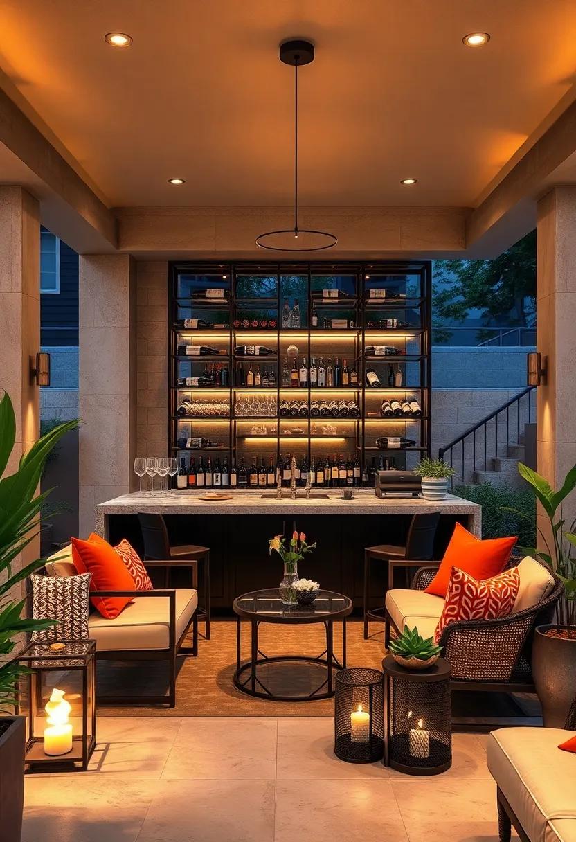 Luxe Lounge: this opulent patio bar features a sophisticated wine rack‍ backlit with soft lighting, creating a glamorous ambiance for evening celebrations