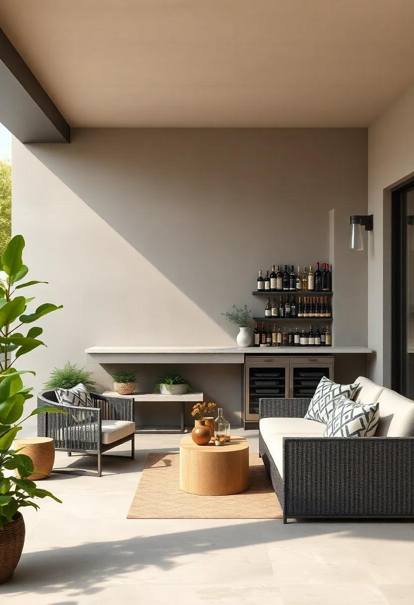 Modern Minimalist: Sleek‍ lines and ‌a monochromatic palette define this contemporary patio⁢ bar, featuring a wine⁣ rack that ‌highlights a curated selection of vintage bottles