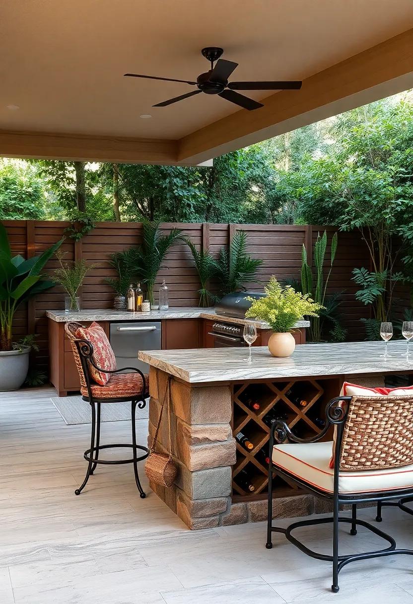 Nature’s Palette: A patio bar ‍that blends seamlessly ‍with its garden setting, featuring a wine rack embedded in natural stone, creating an ⁢organic​ feel