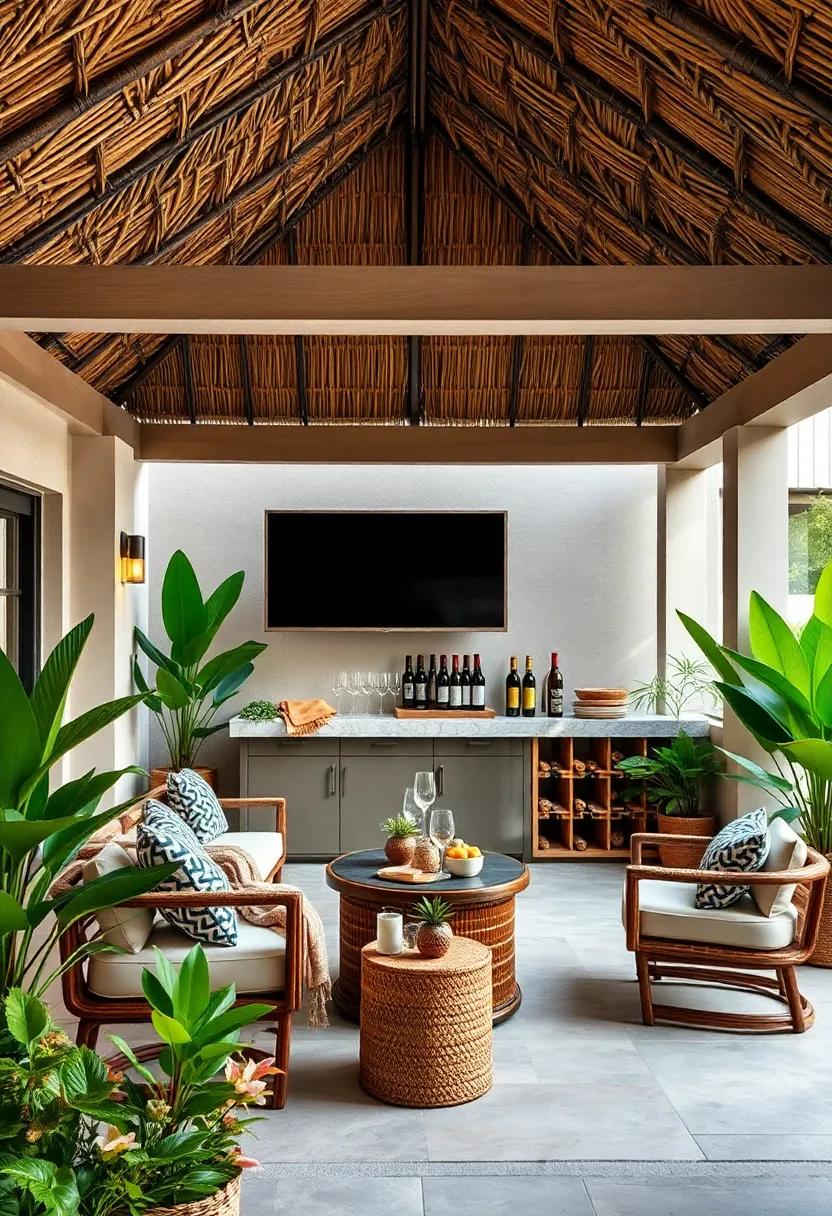 Tropical Escape: A ​thatched-roof ⁣patio ⁤bar designed for island vibes, complete with⁤ a bamboo wine rack ⁢that​ holds your​ favorite refreshing⁤ whites and rosés