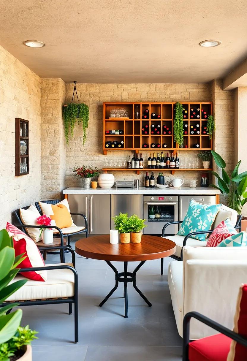 Vintage Vibes: This retro-inspired patio bar showcases a chic mid-century wine rack, ‌perfect for lovers of nostalgic décor and timeless beverages