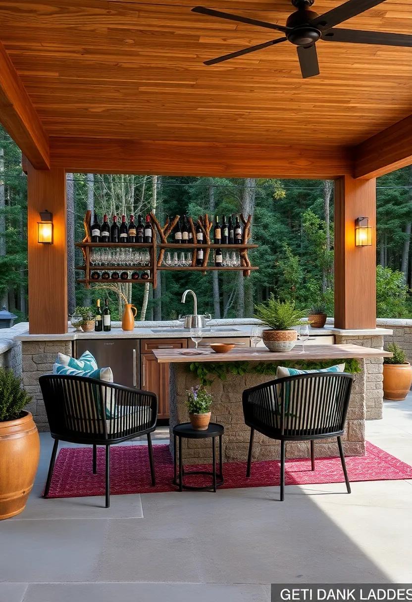 Woodland Escape: A patio bar harmonizing with the woods, ‍featuring an‌ earthy wine rack made from ⁤tree branches, bringing the spirit of the forest to your backyard