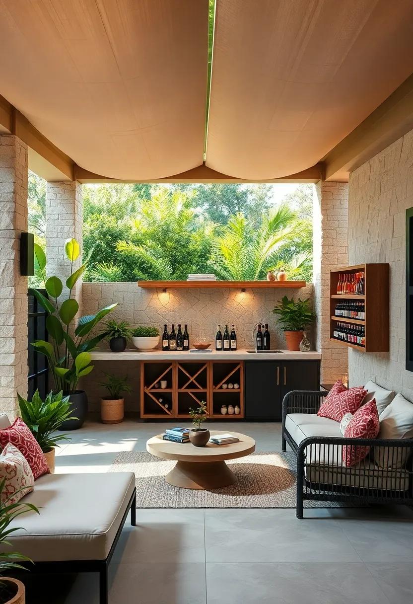 Zen Retreat: A serene patio bar harmoniously blends with nature, featuring a wine ‍rack crafted from natural materials,⁣ creating the perfect ‌spot for mindfulness and relaxation