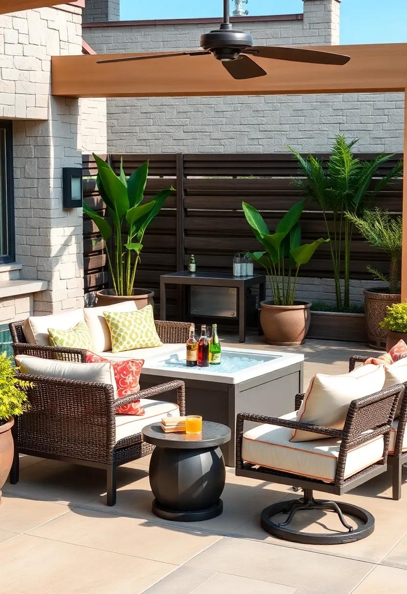 patio Conversation Set with Cooler: This chic seating arrangement spares no detail, boasting a central table that doubles as an ice-filled cooler
