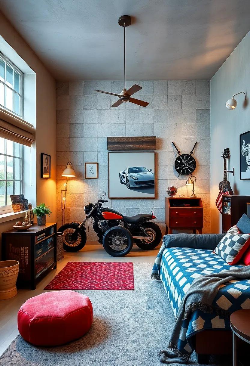 Install motorcycle or car-themed light fixtures to enhance the racing ambiance with a vintage touch