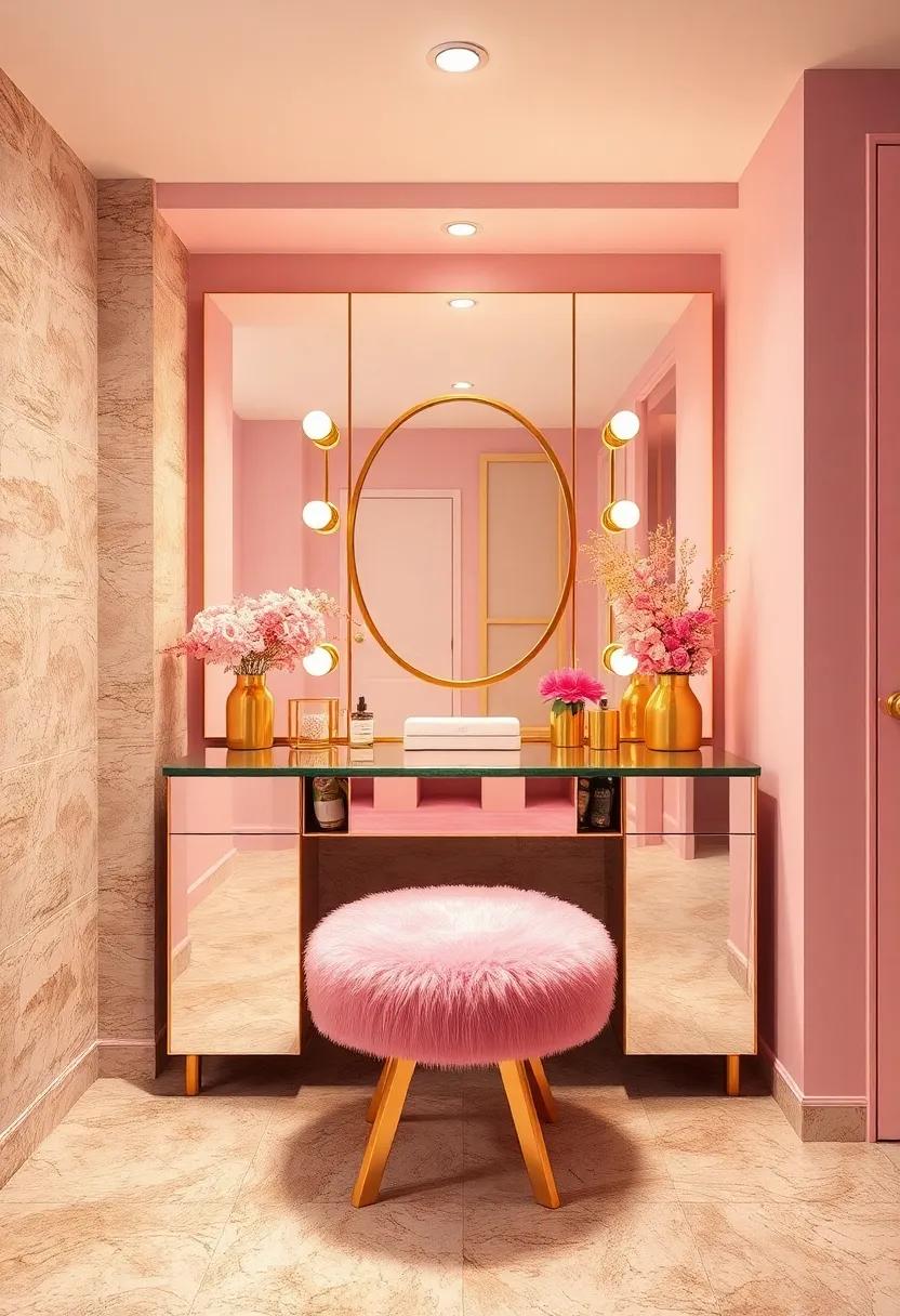Embrace a Glamorous Vanity: Create a vanity area with mirrored surfaces,gold accents,and a plush pink ⁤stool for a glamorous beauty space