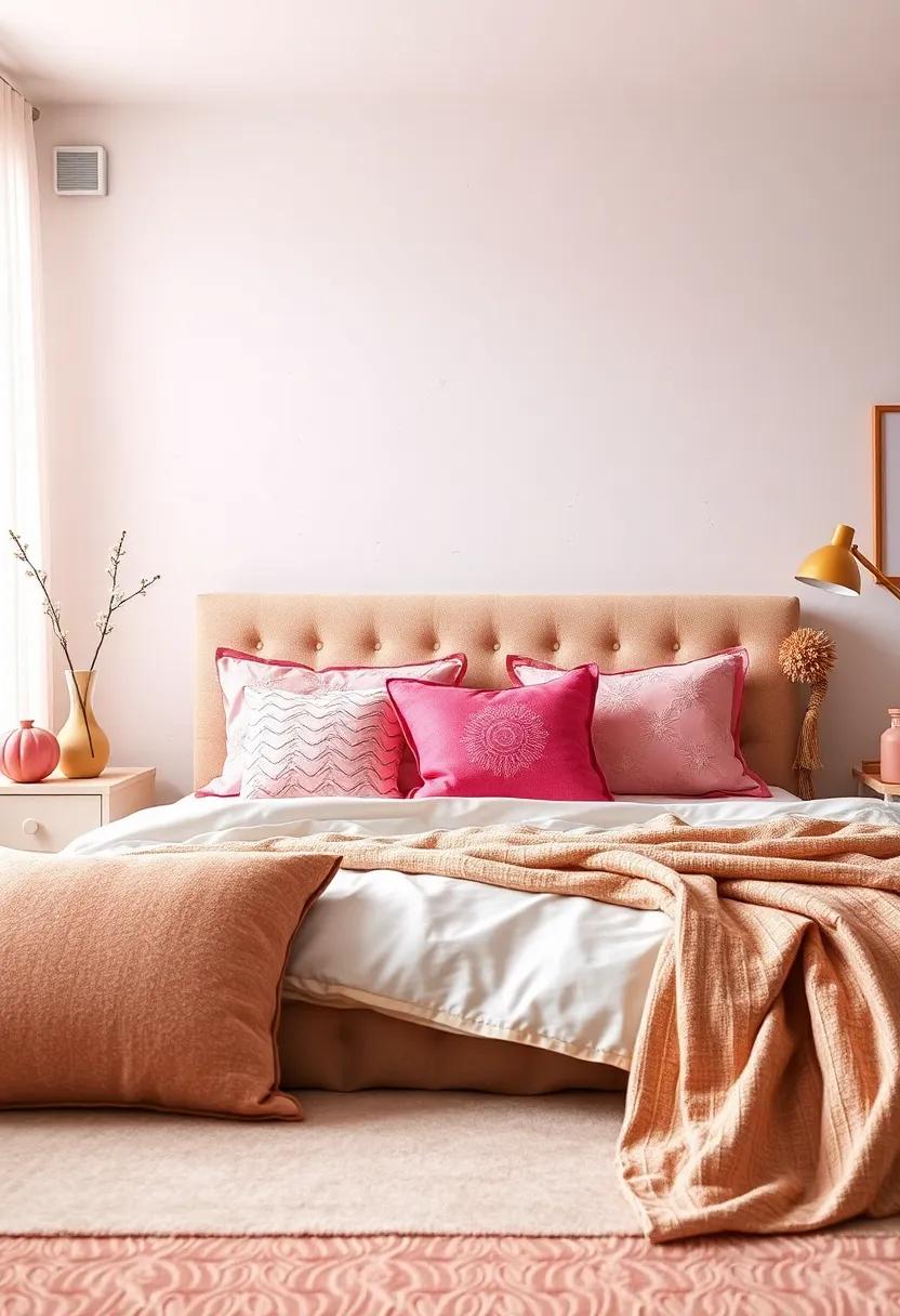 Mix and Match Throw Pillows: Curate an ​assortment of throw pillows ​in ⁣various shades of⁢ pink ⁤and​ gold ​patterns to create a ⁤cozy and stylish bed arrangement