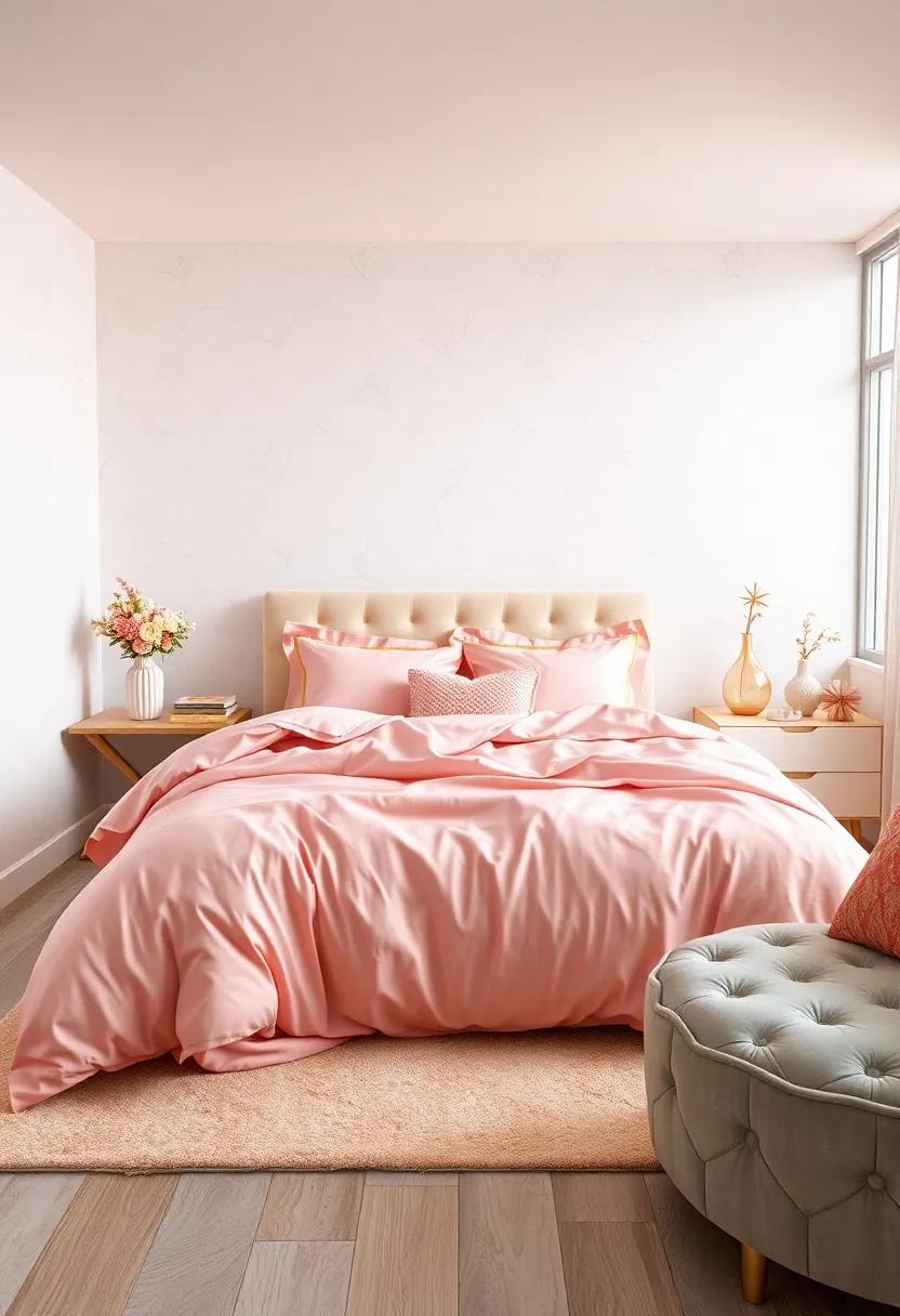 Select⁢ a ‍Chic Bedspread: Look​ for a comforter or duvet in soft rose ⁤pink with subtle⁣ gold ⁣detailing to create a cozy and ‍inviting ⁤atmosphere