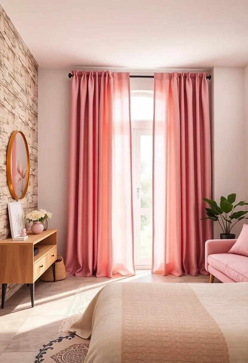 Choose Trendy Curtains:‍ Select long curtains ‌in a soft ​pink fabric with delicate⁤ gold​ patterns to frame ⁤the windows beautifully