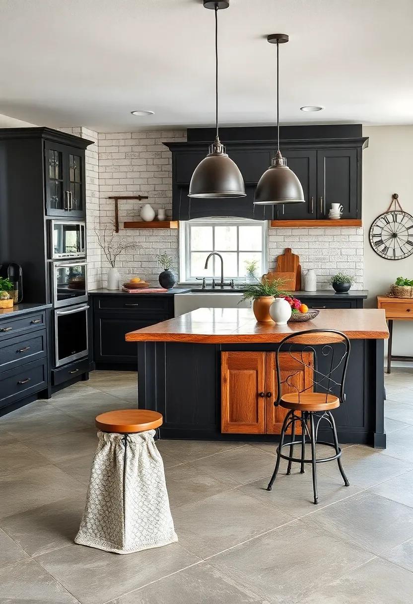 Classic Black & Wood: A black-painted island with natural wood elements offers a bold contrast, elevating the charm and sophistication of your kitchen