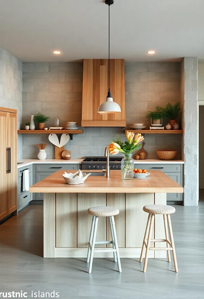 Coastal Retreat: Embrace serene coastal vibes with a light-colored wooden island accentuated by sea-glass decorations and nautical-themed stools