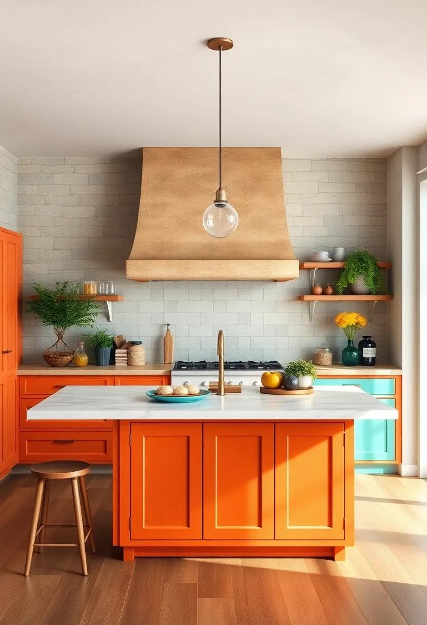 Colorful Painted Finish: Bring personality to your kitchen with a charming island painted in vibrant hues, adding a playful contrast against earthy tones