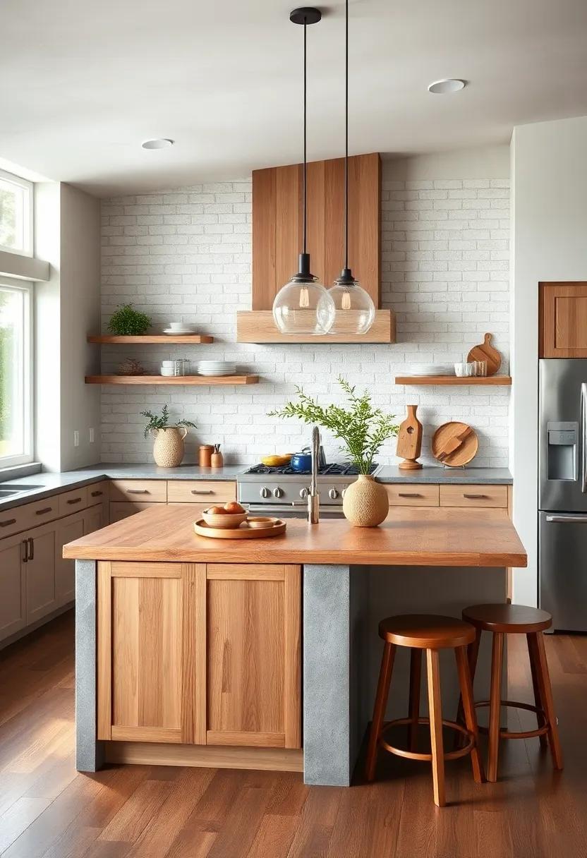 Contemporary Farmhouse: Step into the modern era with a sleek,minimalist kitchen island that still holds rustic elements,like a pine top and open shelving