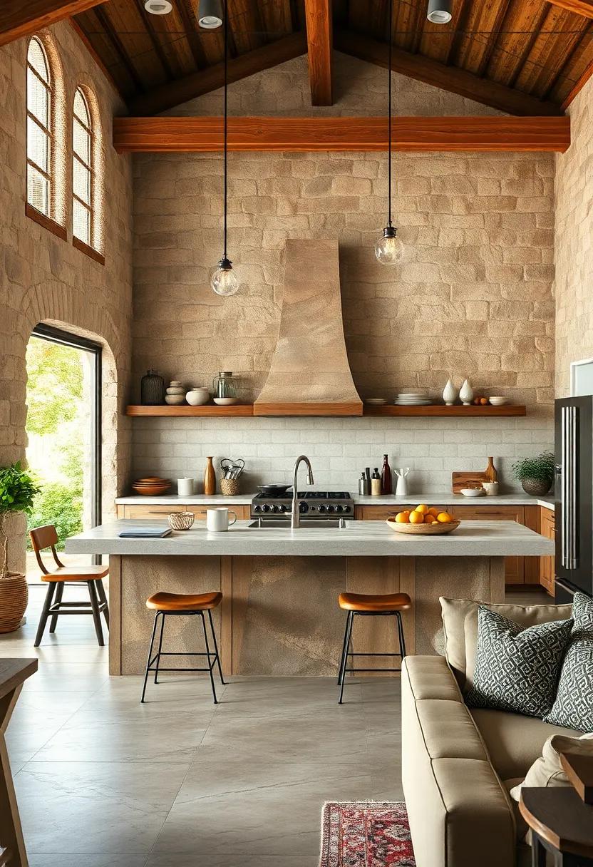 Multi-Tiered Design: Experience versatility with a multi-tiered kitchen island that combines dining space and prep area seamlessly in a rustic setting