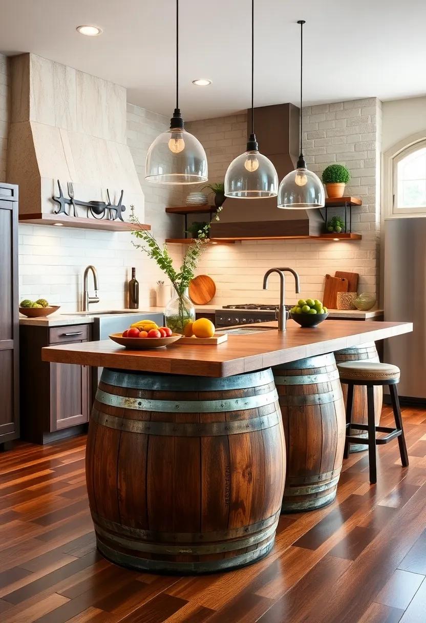 Rustic Barrel Base: A striking kitchen island featuring reclaimed wine barrels as its base adds a touch of vineyard charm, perfect for wine enthusiasts