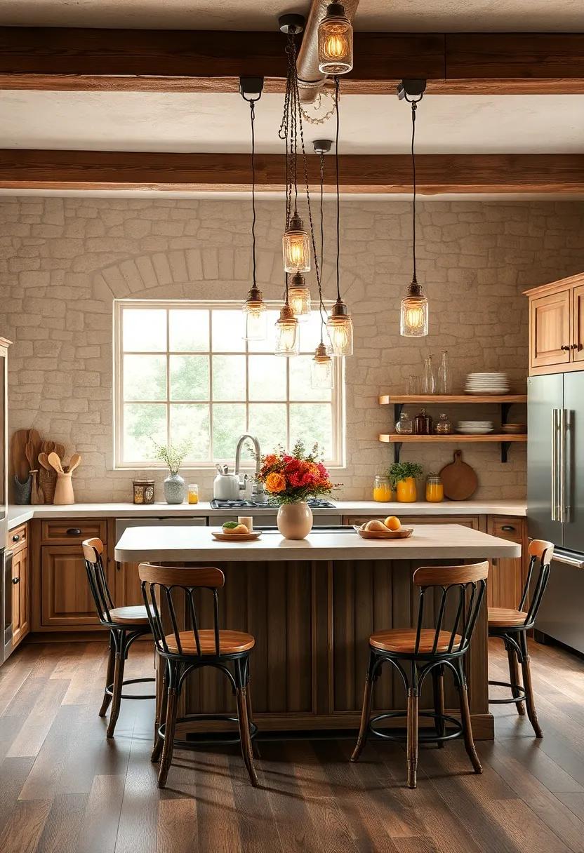 Rustic Chic Lighting: pair your rustic kitchen island with hanging mason jar lights to create a cozy ambiance that complements your culinary adventures