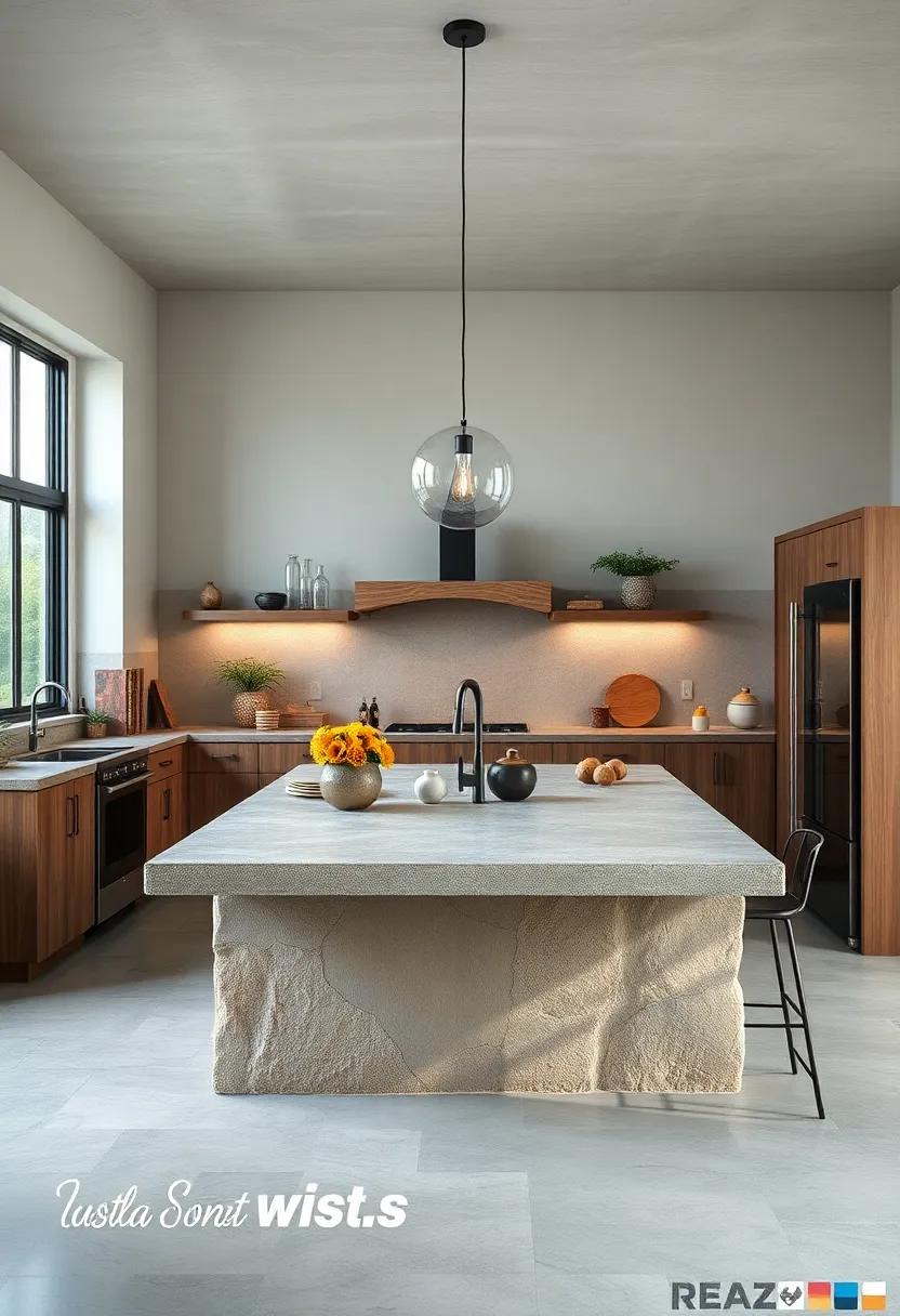 Rustic Stone Countertop: A kitchen island topped with a rugged stone surface captures the essence of the outdoors while providing a durable workspace