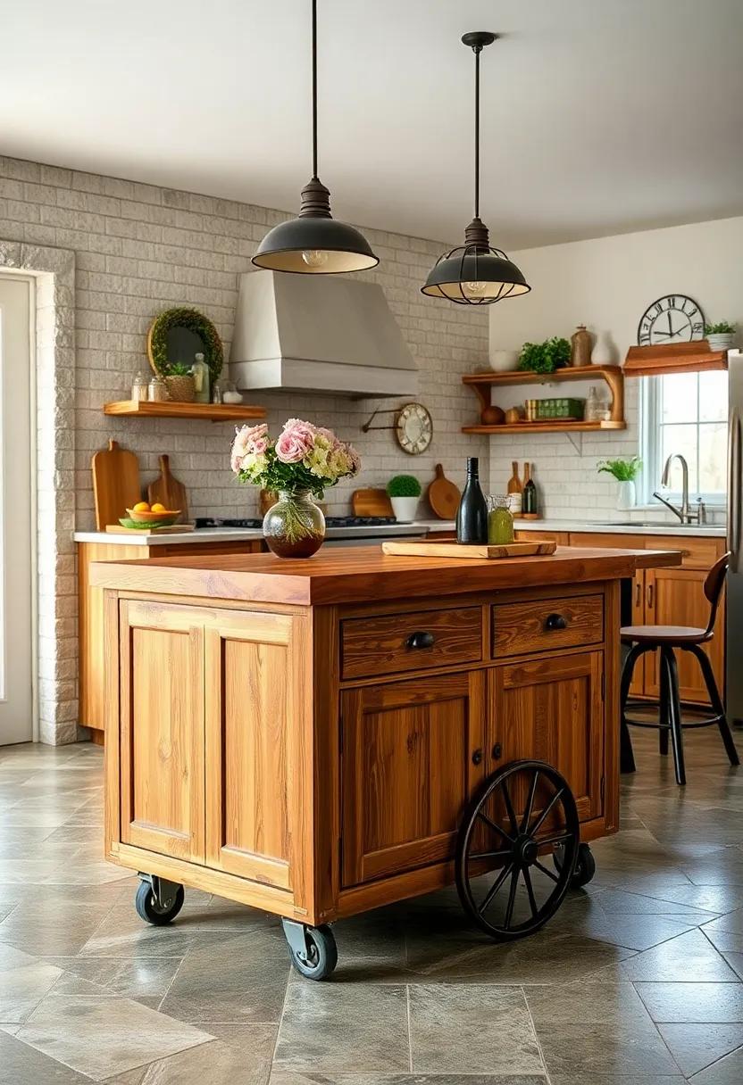 Vintage Cart Inspiration: Discover the charm of a rustic kitchen island styled like a vintage cart, complete with wheels and a classic butcher block top
