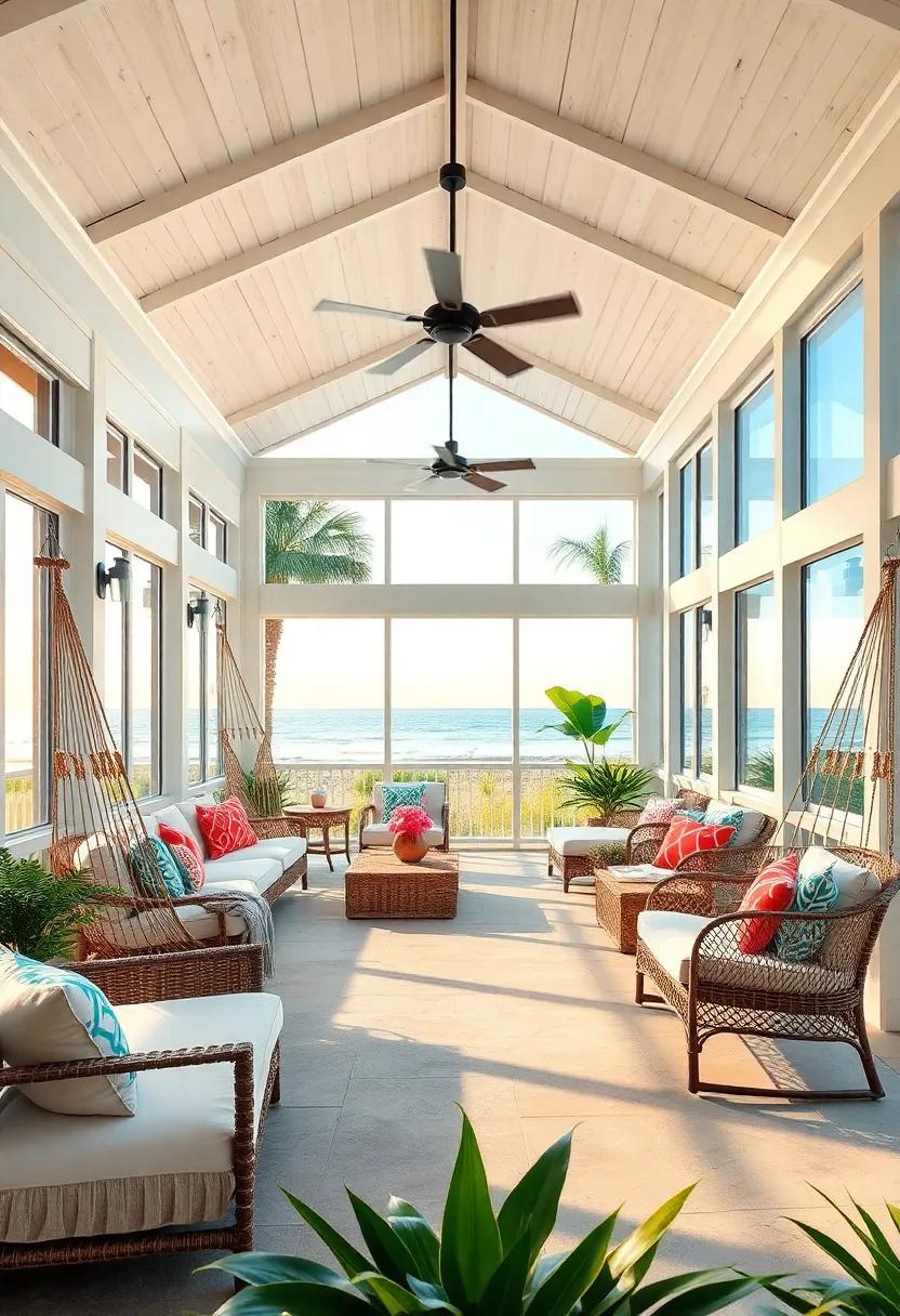 Coastal ⁤Retreat: This spacious ‍screened porch embraces the ocean breeze with a white-washed wooden⁤ ceiling, oversized hammocks ​swaying⁢ gently, and a view that captures beach sunsets perfectly