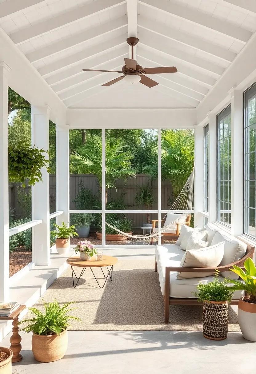 Minimalist Serenity: Embracing simplicity, ‍this crisp white screened ⁢porch features a single elegant hammock, perfect for meditative moments ‍of relaxation surrounded by a tranquil garden
