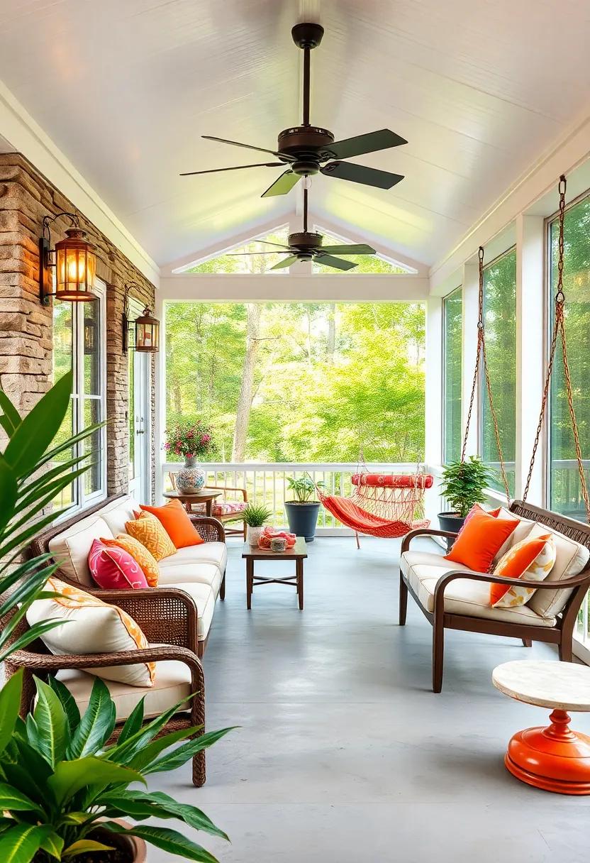 Vintage Vibe: Adorned with retro decor and colorful​ hanging‍ lanterns, this​ playful screened porch comes alive with hanging hammocks ‍and nostalgic swings that invite you‌ to reminisce ⁤as you ‍sway