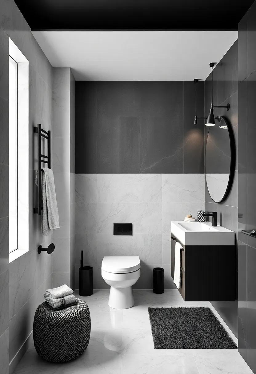 Chic ‍Monochrome: Black and white decor creates a striking contrast, and ⁢a matte black​ vertical towel rack ⁤enhances the edgy ⁢aesthetic while keeping linens organized