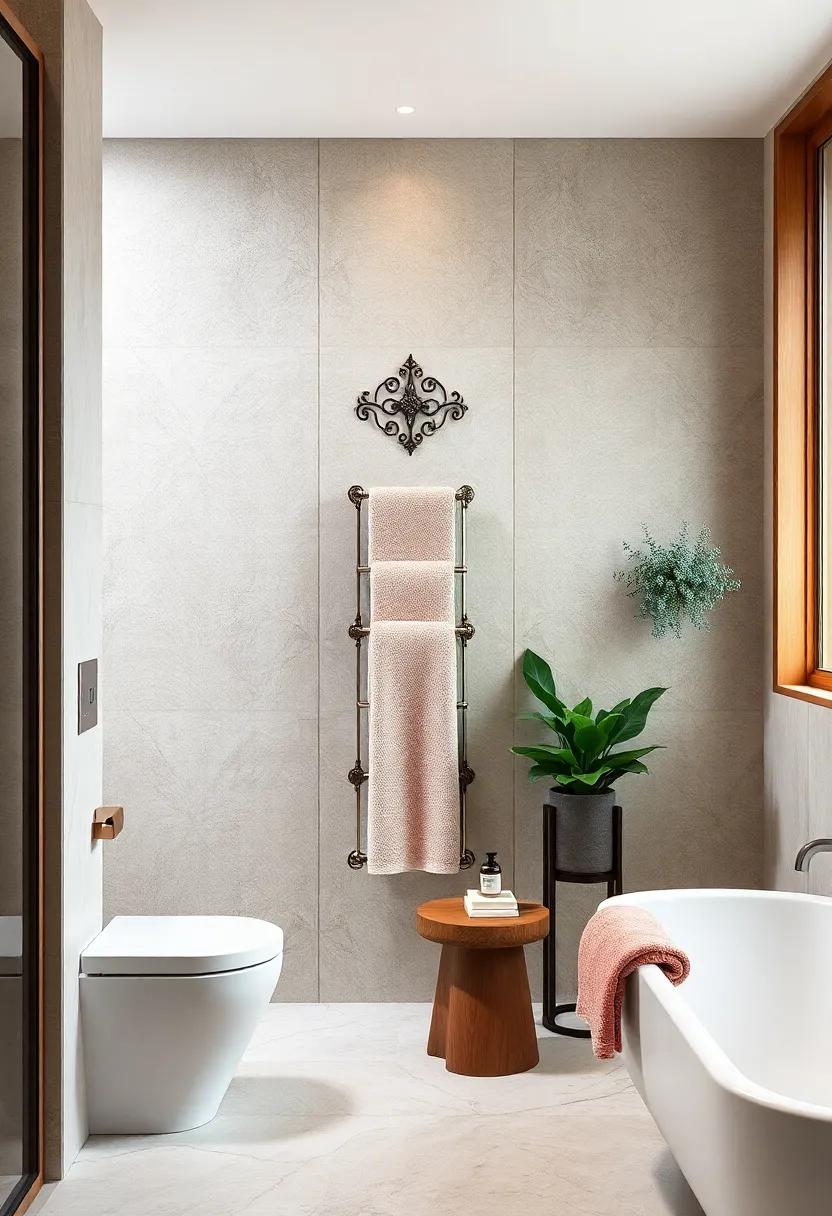Bathroom Boudoir: A tall, elegant vertical towel ⁣rack with ornate details brings a touch of glamour to smaller bathrooms, ⁤combining storage with ​decorative flair