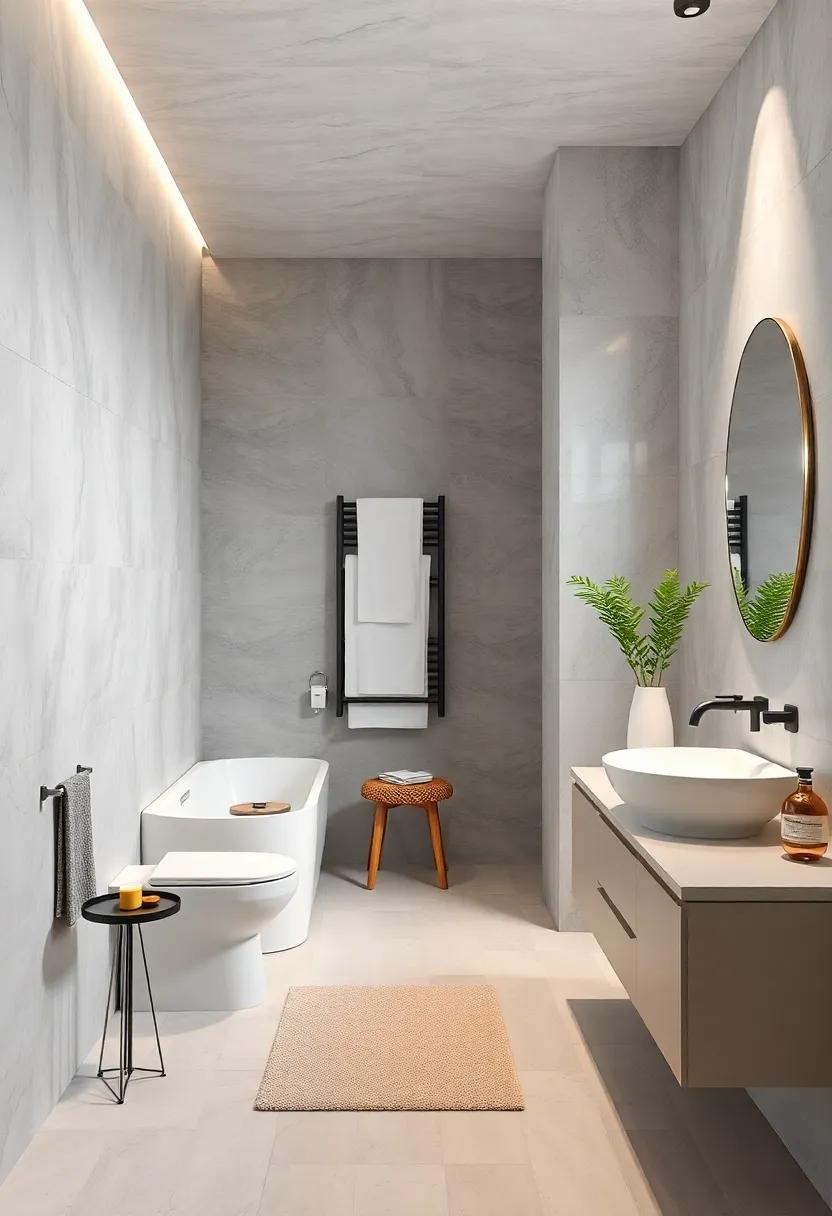 Monochromatic Magic: A white and⁣ gray⁤ color scheme paired ​with a vertical⁤ towel⁤ rack contributes to ⁤a‍ soothing atmosphere,⁤ enhancing the​ feeling of space