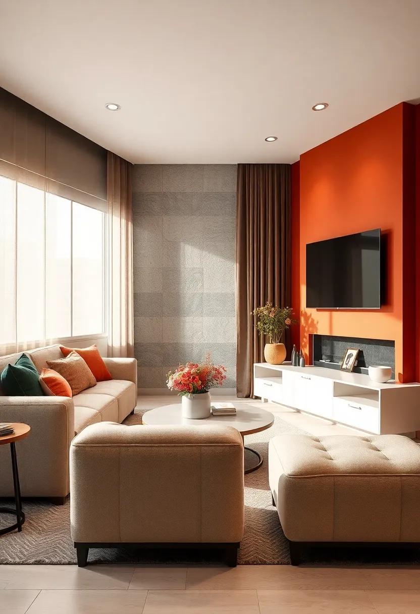 Contrast and Harmony: Select a striking contrast with your wall color and furniture to highlight your wall-mounted TV while creating a harmonious overall look in your small living room