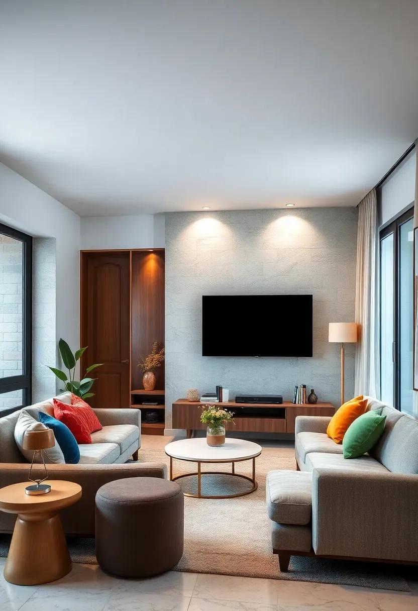 Eclectic Mix: Combine different styles of furniture that reflect your personality while keeping your wall-mounted TV as the main focal point, merging function with flair